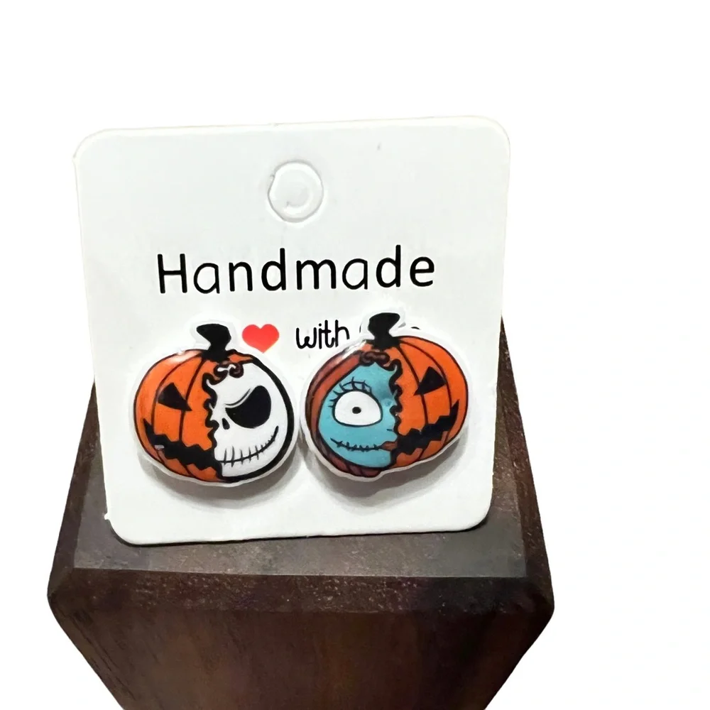 Jack and Sally, jack-o’-lantern, pumpkin stud earrings. New - Picture 10 of 11